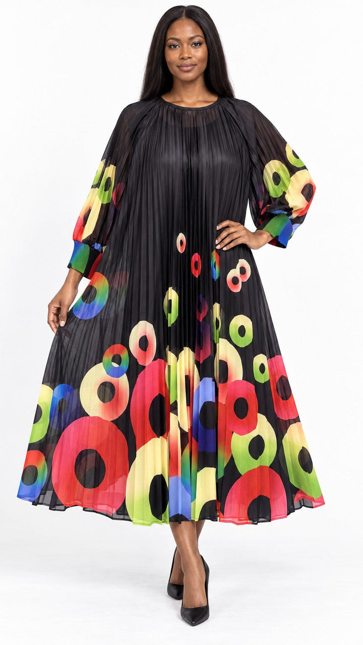 Abstract Circle Print Pleated Chiffon Midi Dress