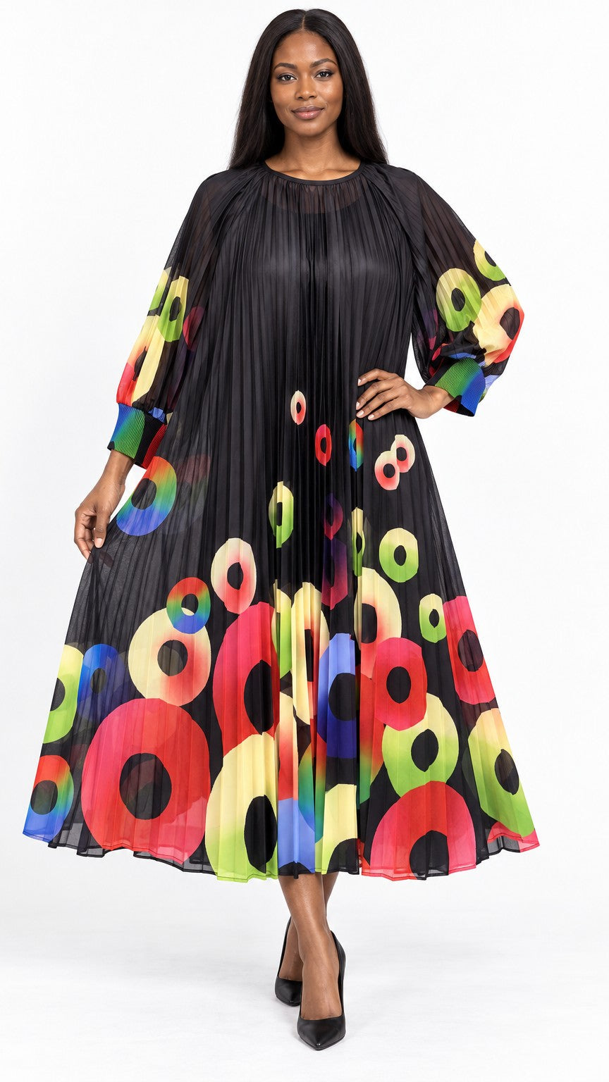 Abstract Circle Print Pleated Chiffon Midi Dress