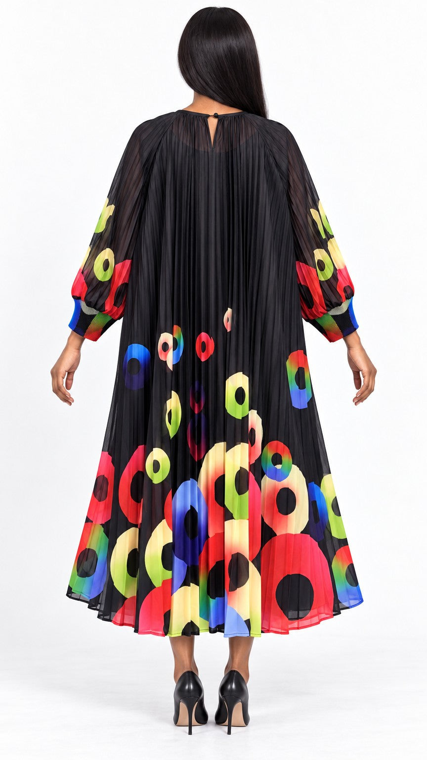 Abstract Circle Print Pleated Chiffon Midi Dress