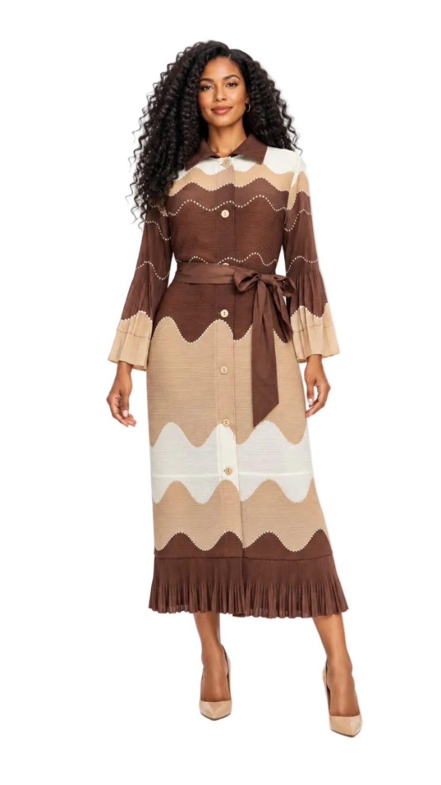 Wavy Colorblock Bouncy Pleated Midi Dress