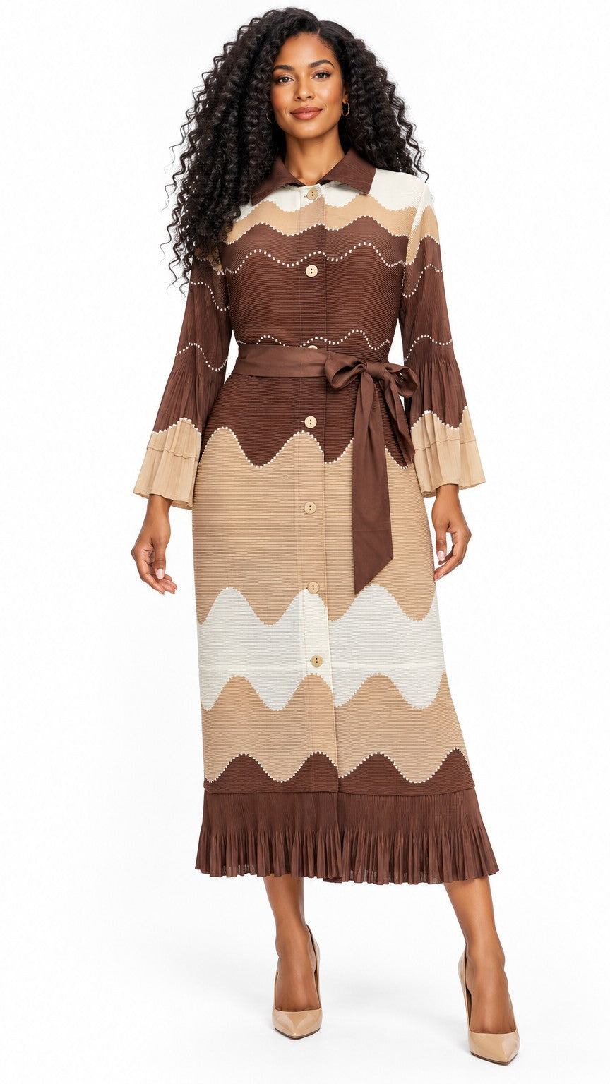 Wavy Colorblock Bouncy Pleated Midi Dress