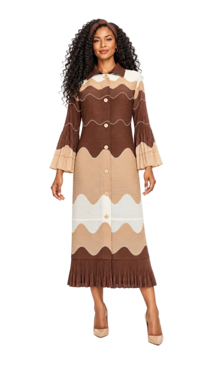Wavy Colorblock Bouncy Pleated Midi Dress