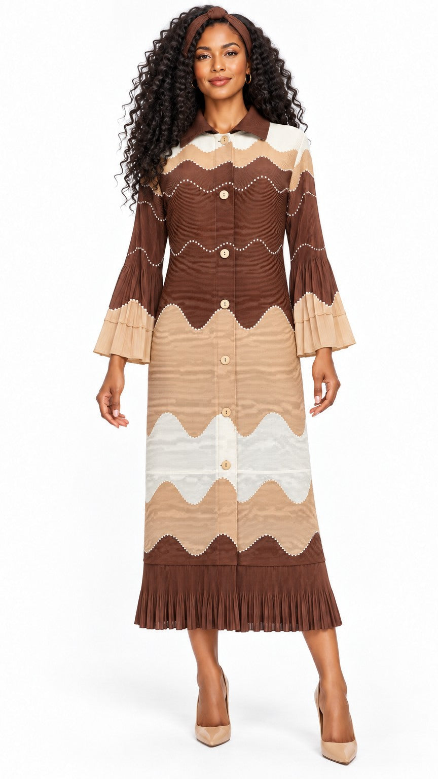 Wavy Colorblock Bouncy Pleated Midi Dress