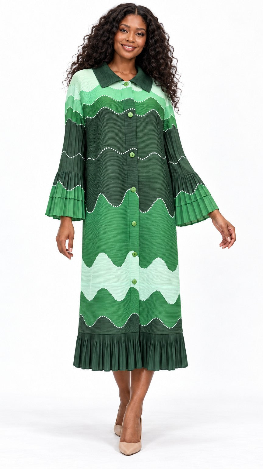 Wavy Colorblock Bouncy Pleated Midi Dress