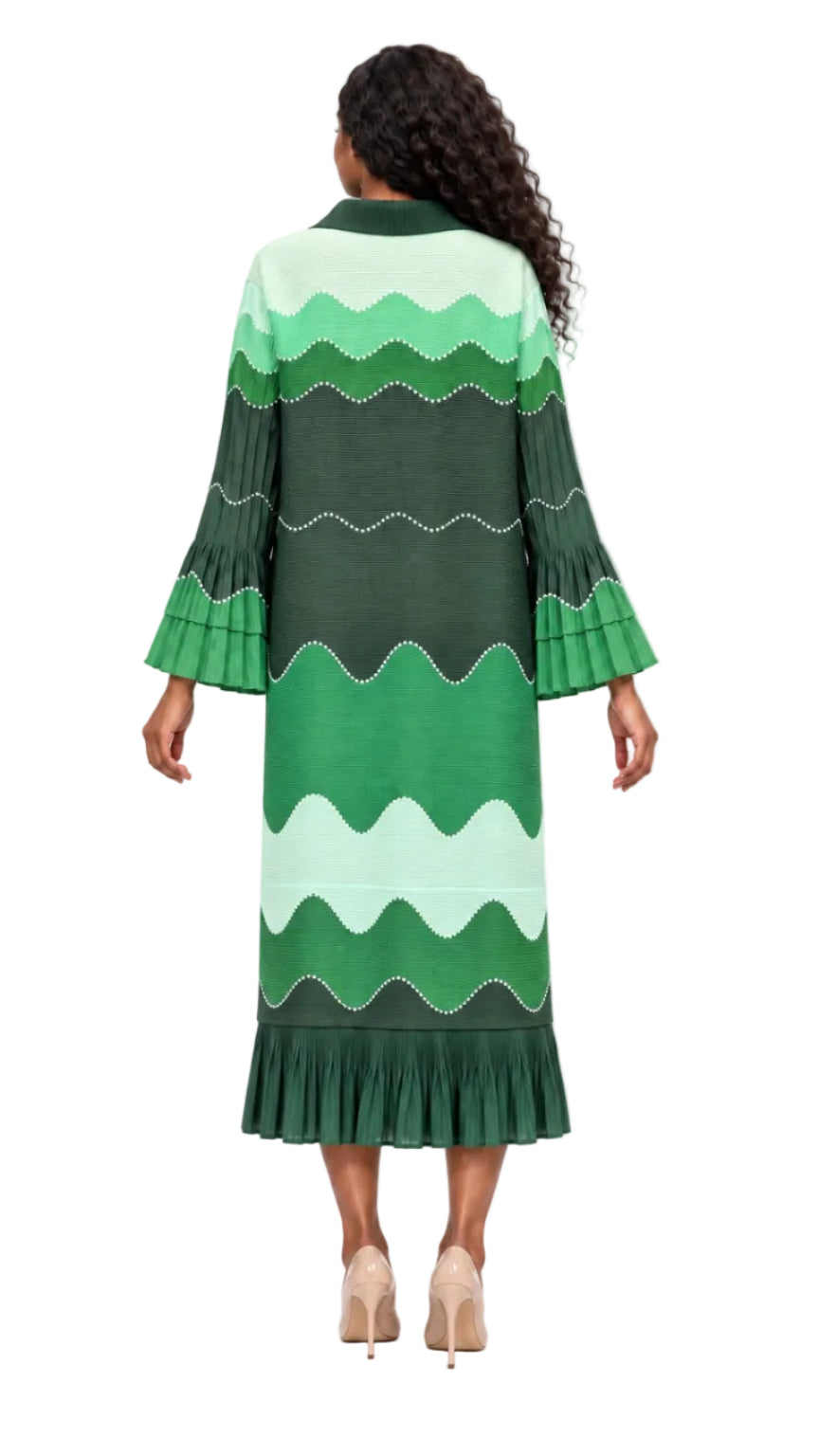 Wavy Colorblock Bouncy Pleated Midi Dress