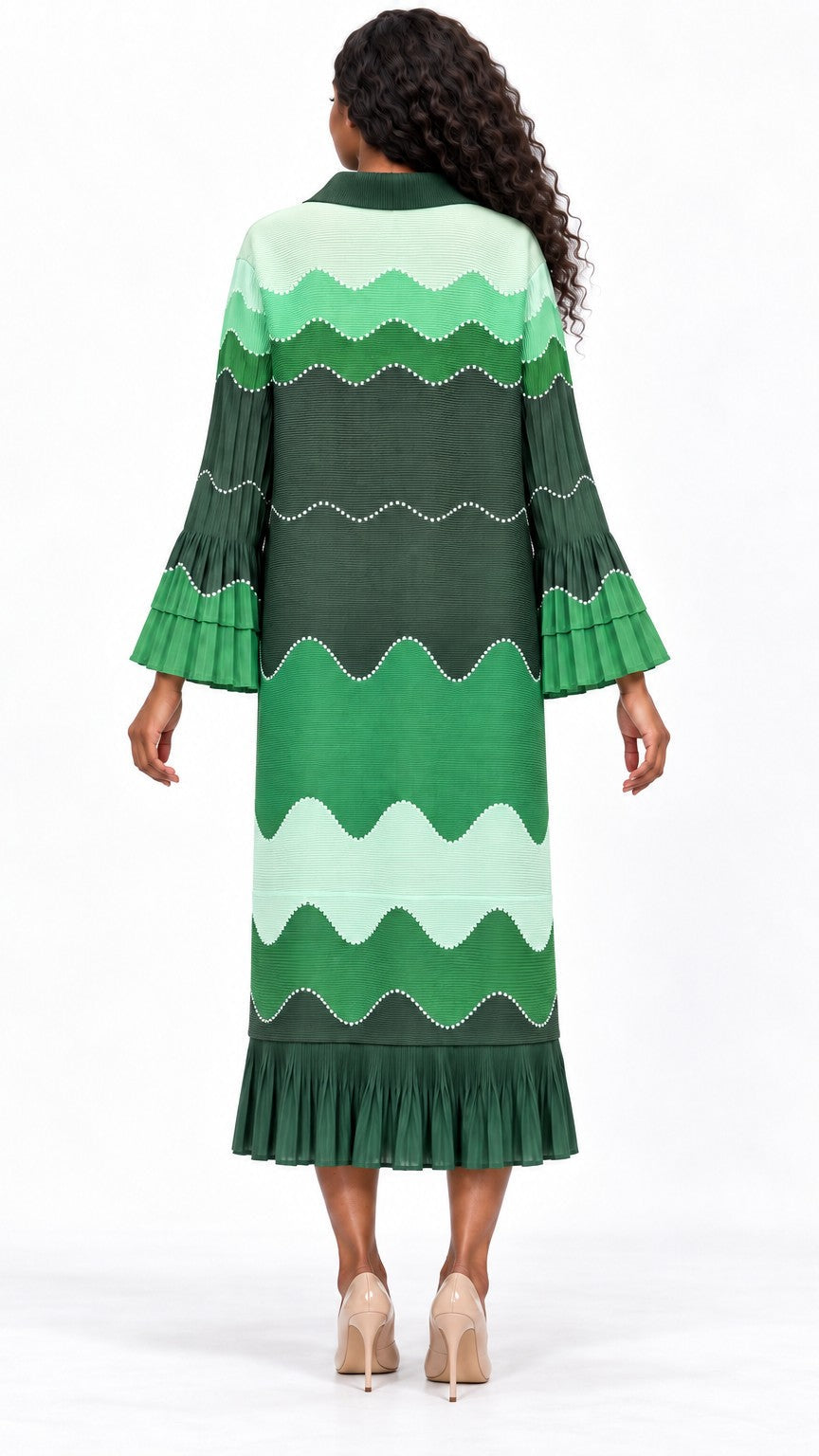 Wavy Colorblock Bouncy Pleated Midi Dress
