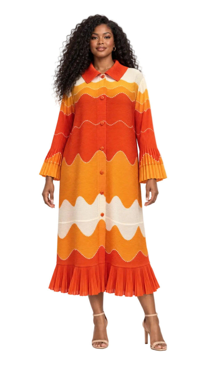 Wavy Colorblock Bouncy Pleated Midi Dress