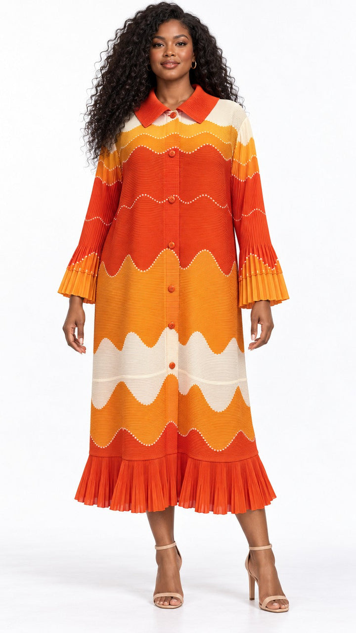 Wavy Colorblock Bouncy Pleated Midi Dress