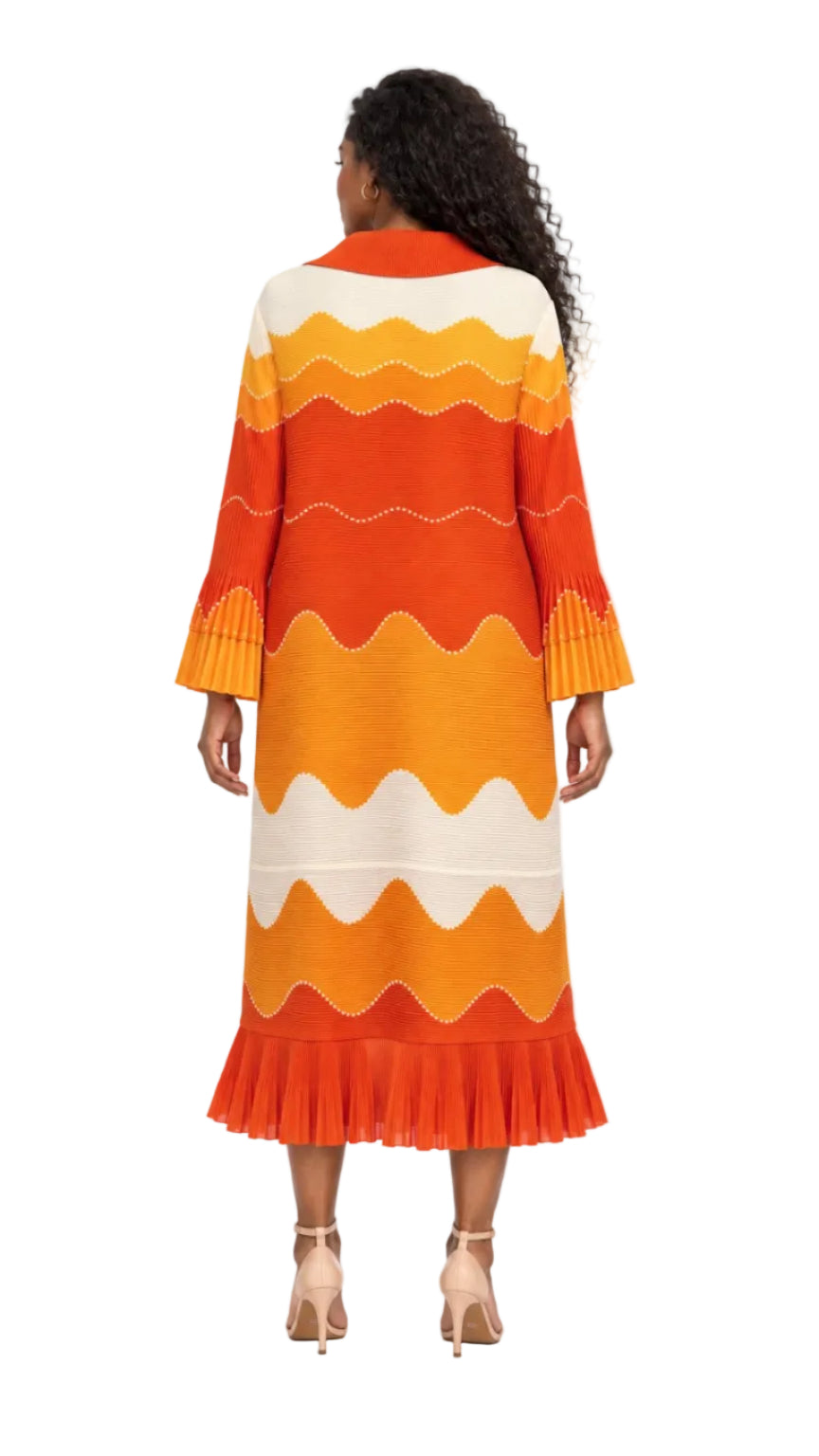 Wavy Colorblock Bouncy Pleated Midi Dress