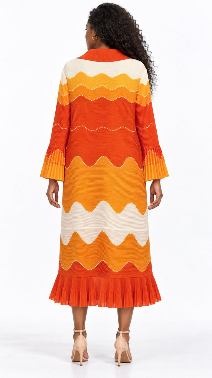Wavy Colorblock Bouncy Pleated Midi Dress