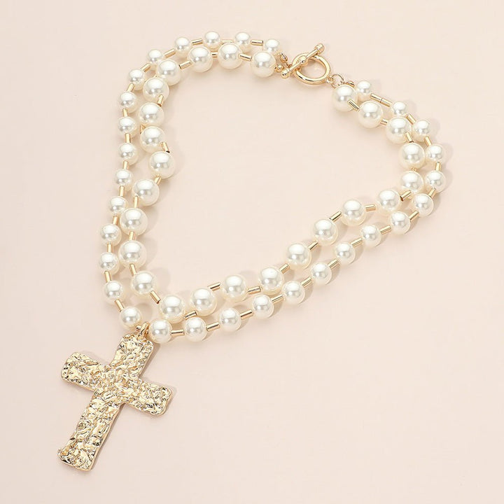 Bold Hammered Metal Cross Pendant Pearl Beaded Layered Necklace - FN2822 - Especially Yours