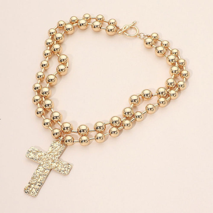 Bold Hammered Metal Cross Pendant Pearl Beaded Layered Necklace - FN2822 - Especially Yours