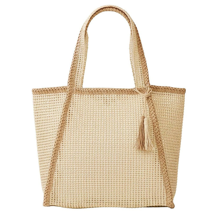 Tassel Accent Two Tone Woven Straw Tote Bag - Especially Yours