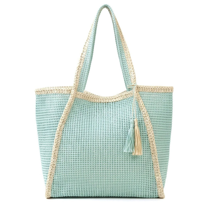 Tassel Accent Two Tone Woven Straw Tote Bag - Especially Yours