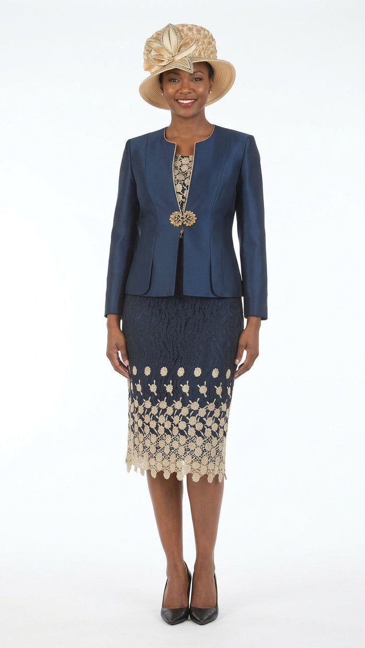 3pc Silk Twill/Lace Combo Two-tone Skirt Suit