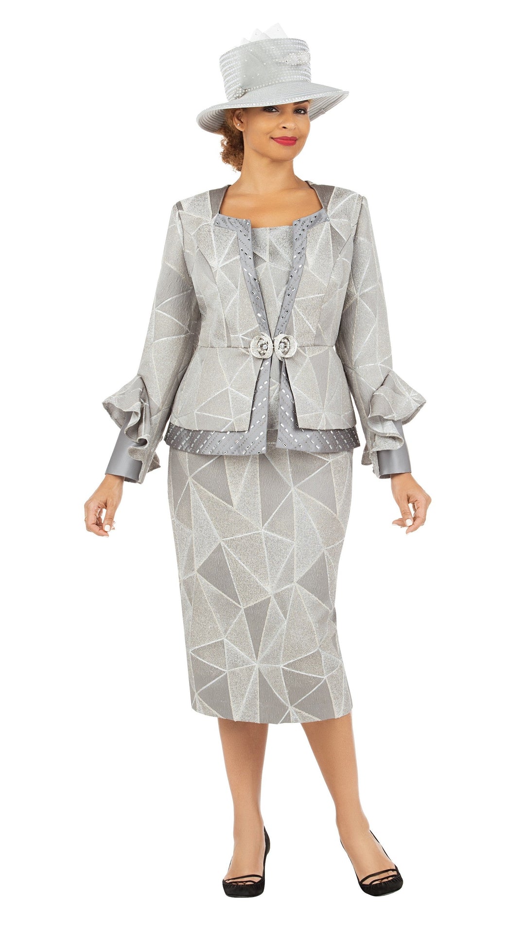 3pc Geometric Ptn Brcd Skt Suit w/ Stones