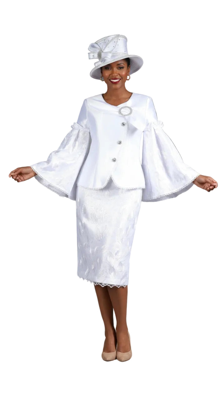 2pc Bell Slv Seq Lace&Silky Twill Skirt Suit-Plus