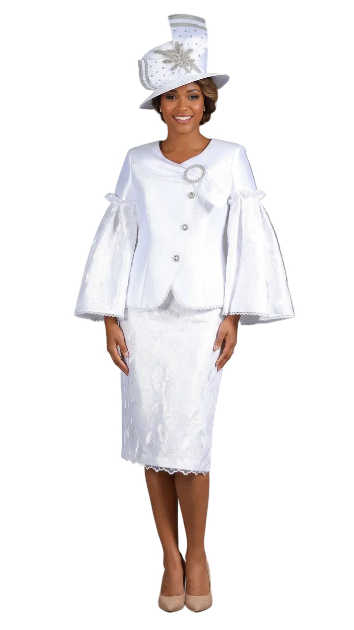 2pc Bell Slv Seq Lace&Silky Twill Skirt Suit-Plus