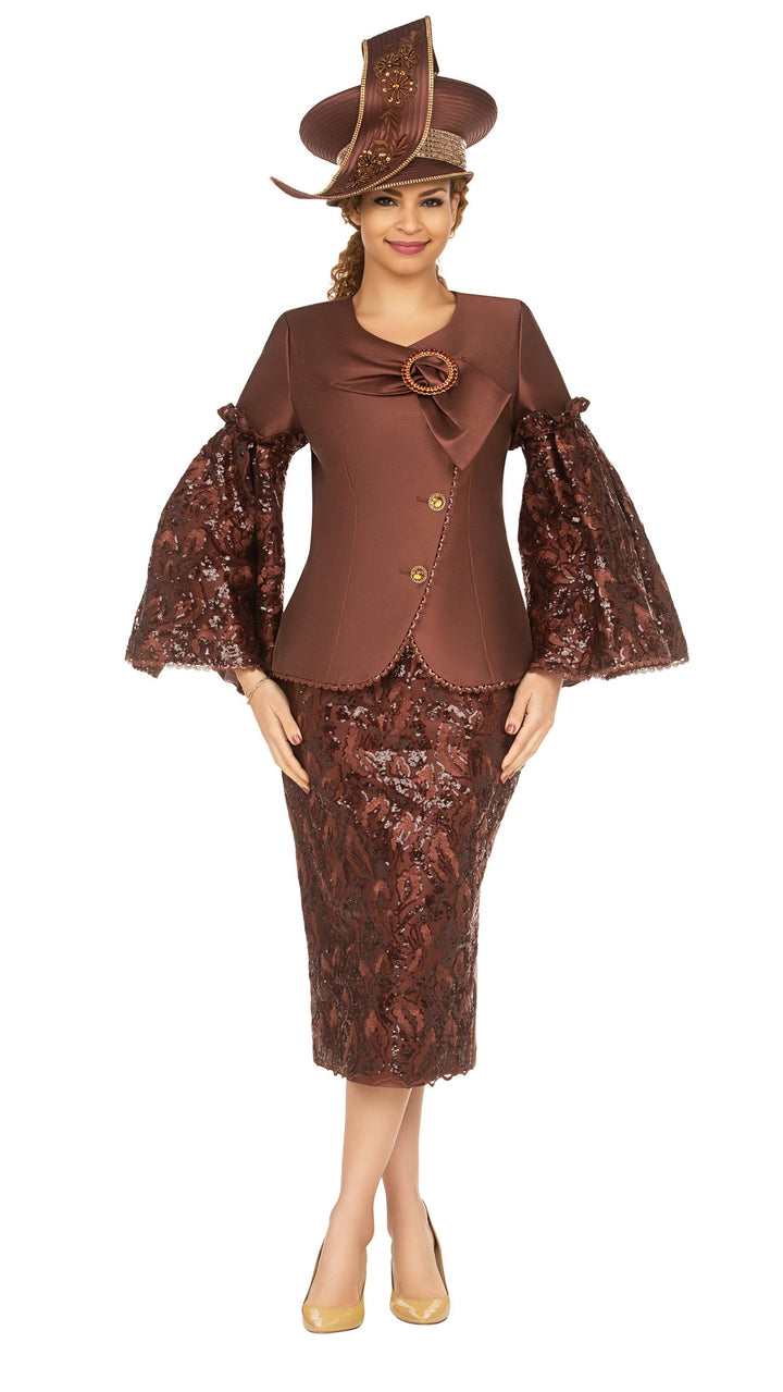 2pc Bell Slv Sequined Lace&Silky Twill Skirt Suit