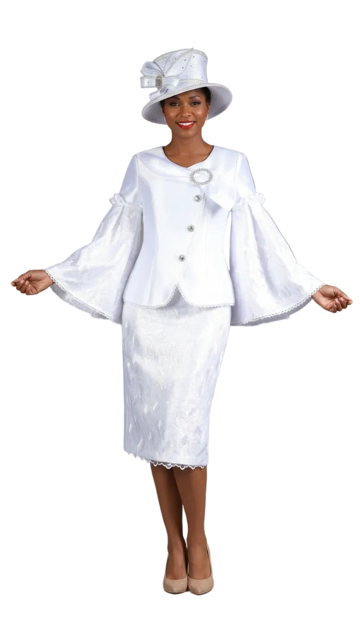 2pc Bell Slv Sequined Lace&Silky Twill Skirt Suit