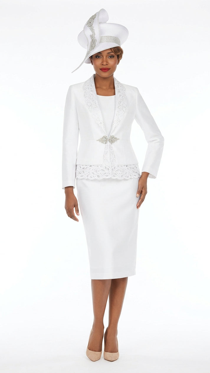 3pc Silky Twill Skirt Suit w/ Cutouts & Stones