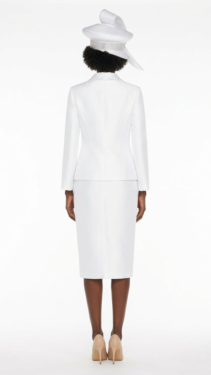 3pc Silky Twill Skirt Suit w/ Cutouts & Stones