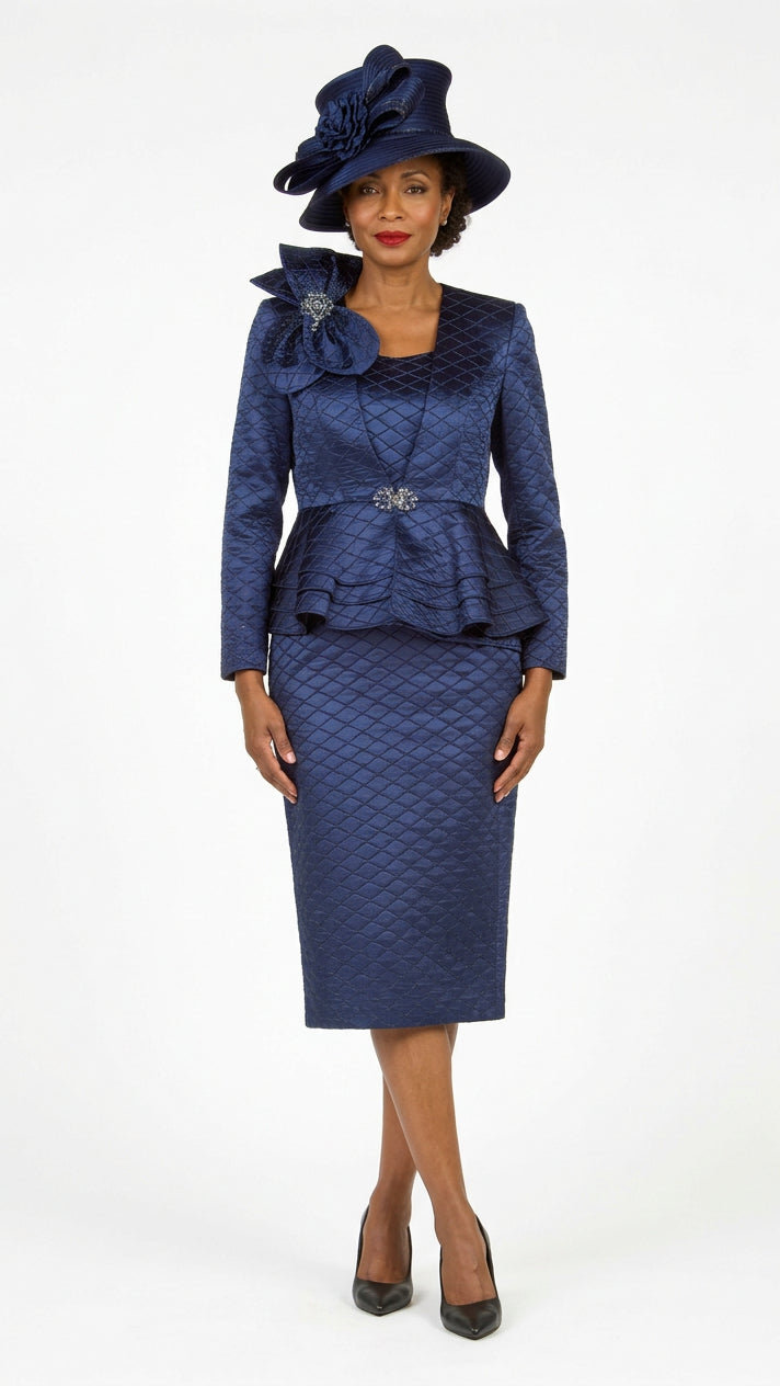 3pc Quilted Peplum Skirt Suit with Brooch