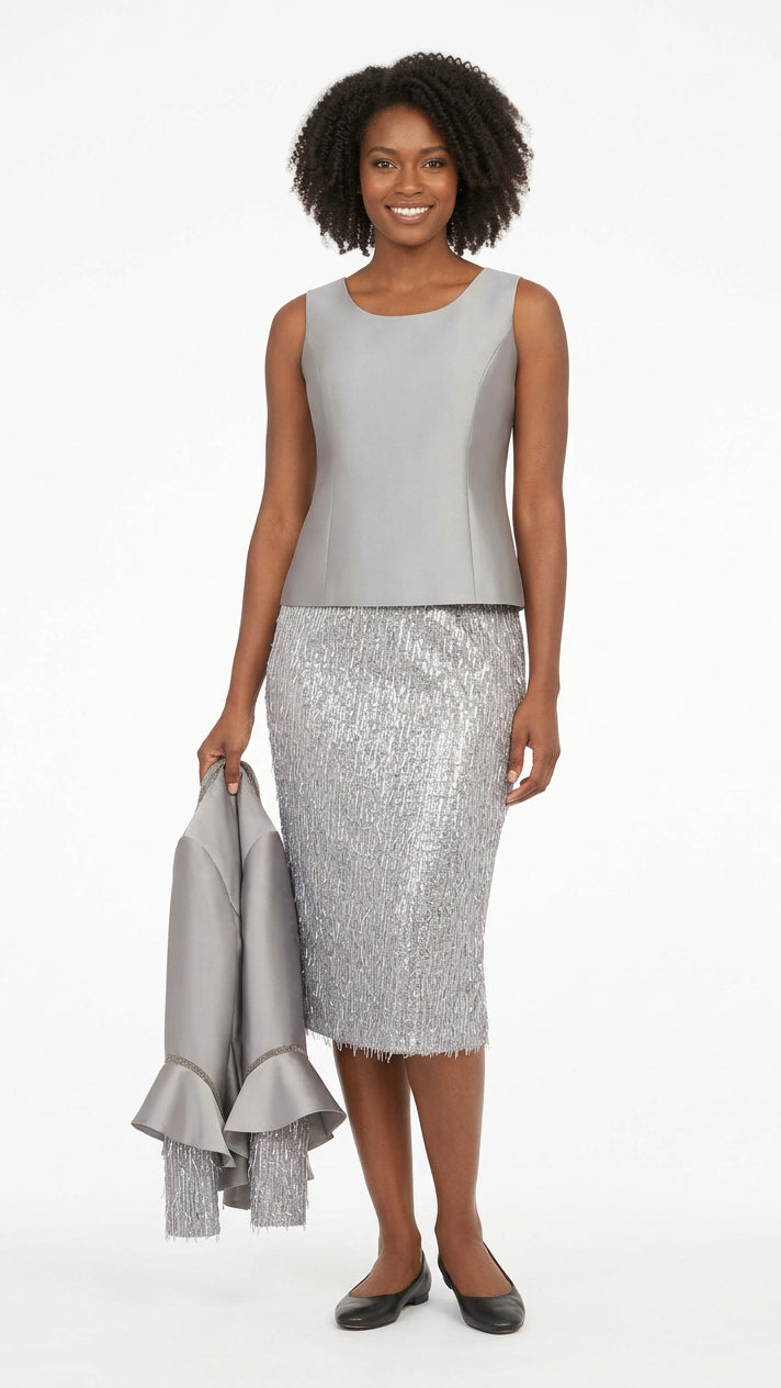 3pc Rfl-Cuff Jkt, Cami&Fringe Skirt Suit-Plus