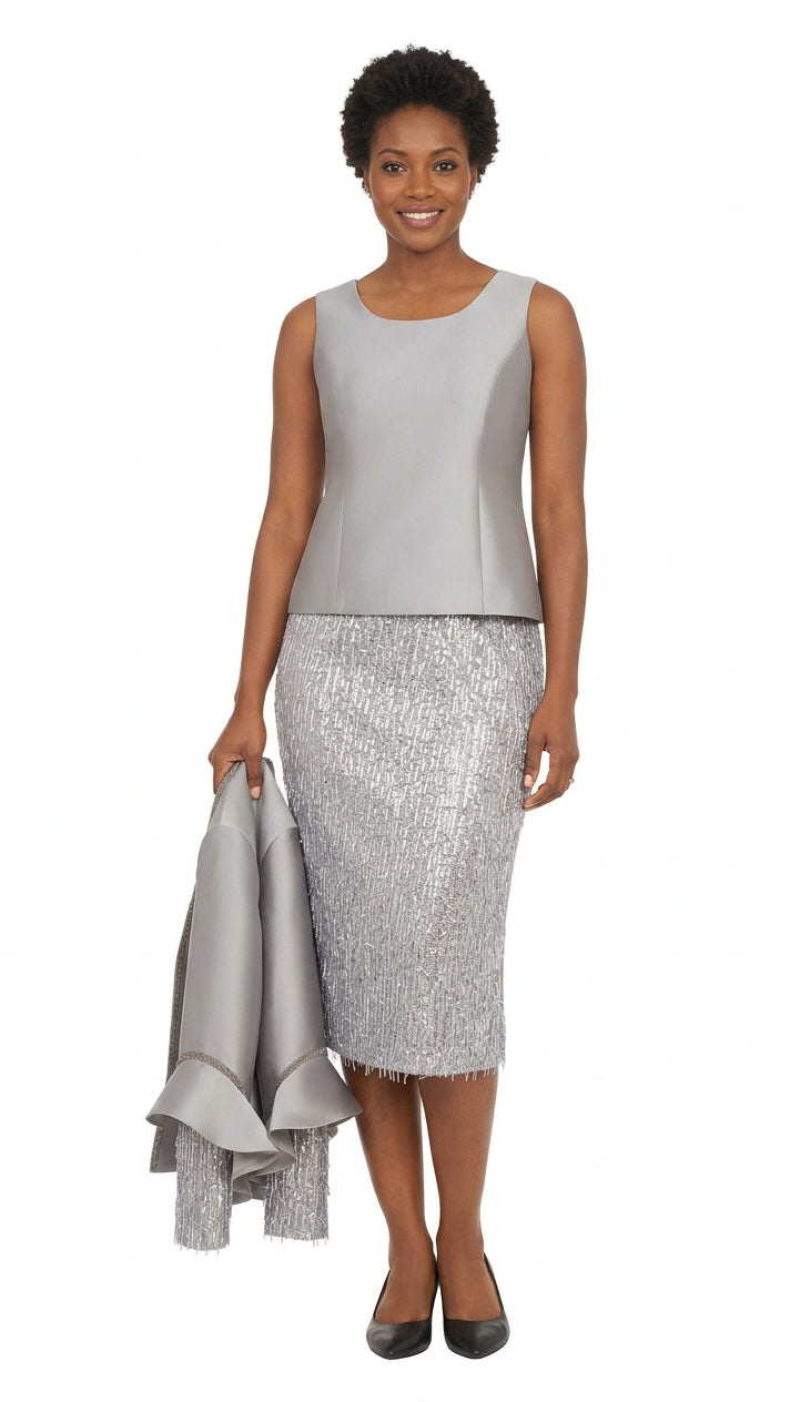 3pc Ruffle-Cuff Jkt, Cami&Fringe Pencil Skirt Suit