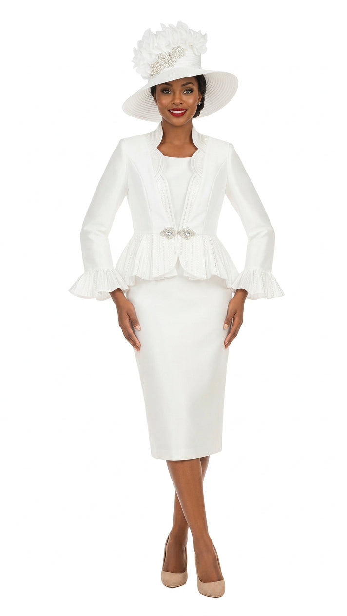 Silky 3pc Peplum Skirt Suit w/ Scalloped Trim-Plus