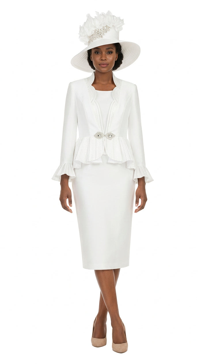 Silky 3pc Peplum Skirt Suit w/ Scalloped Trim-Plus