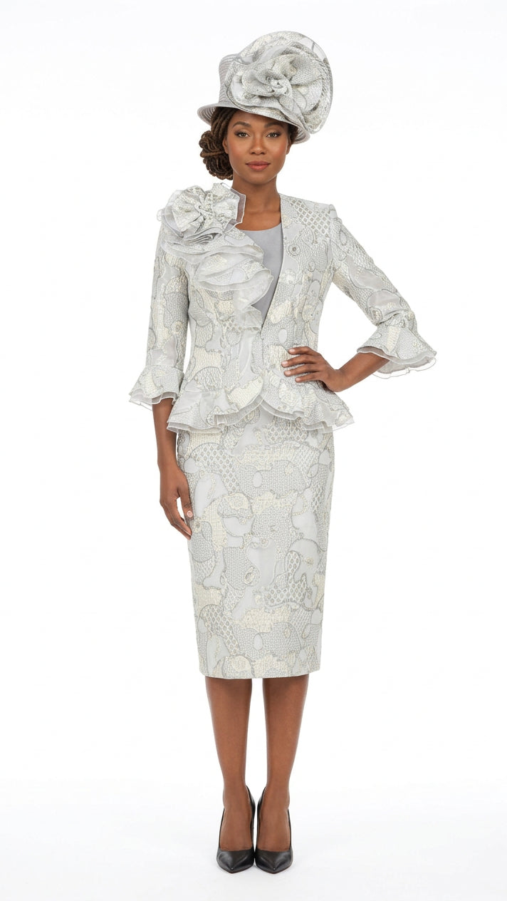 Metallic Brocade 3pc Suit w/ Organza Rfl Jkt-Plus