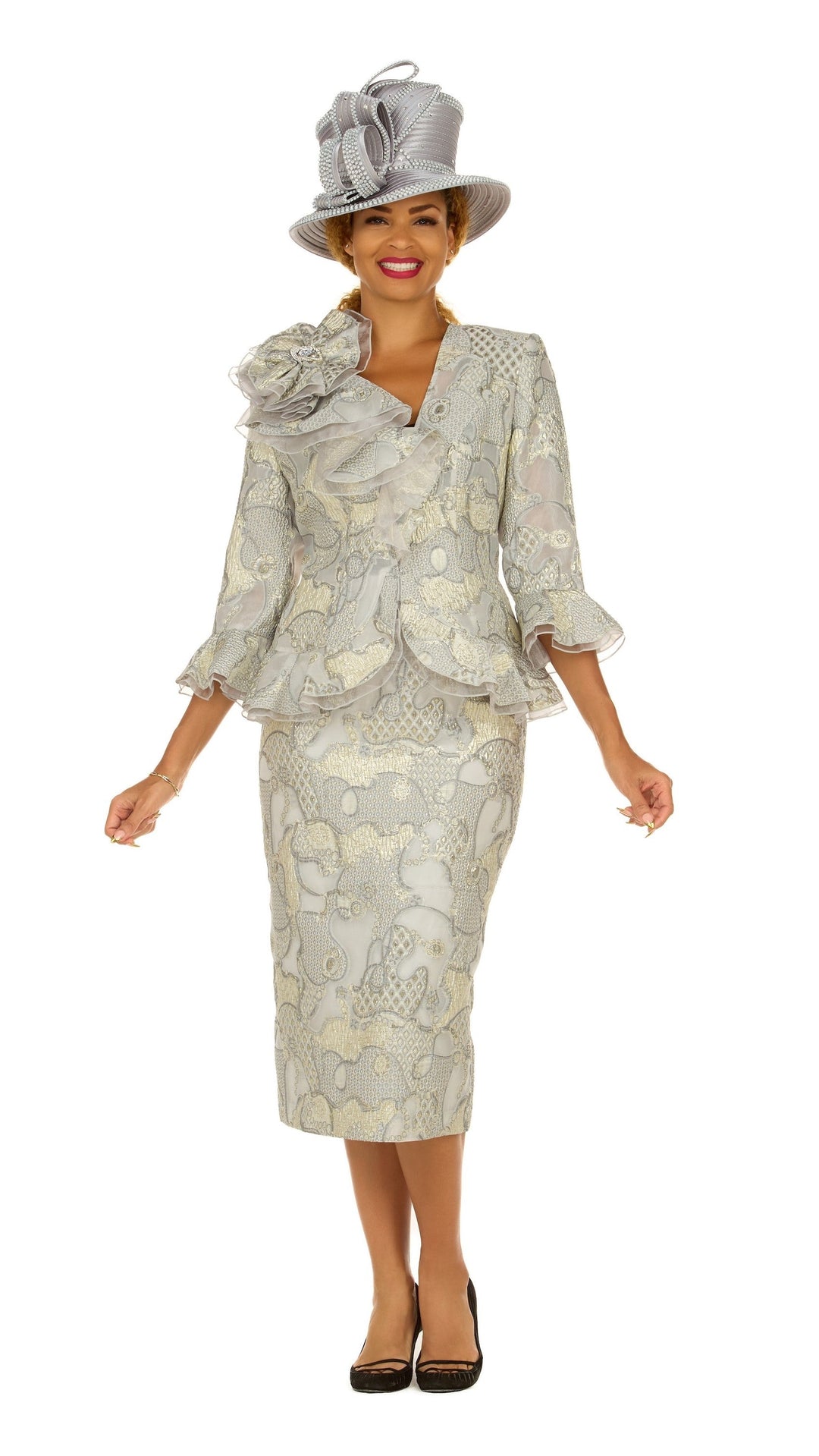 Metallic Brocade 3pc Suit w/ Organza Ruffle Jkt