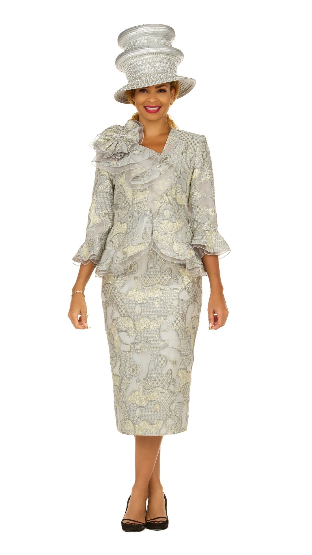 Metallic Brocade 3pc Suit w/ Organza Ruffle Jkt