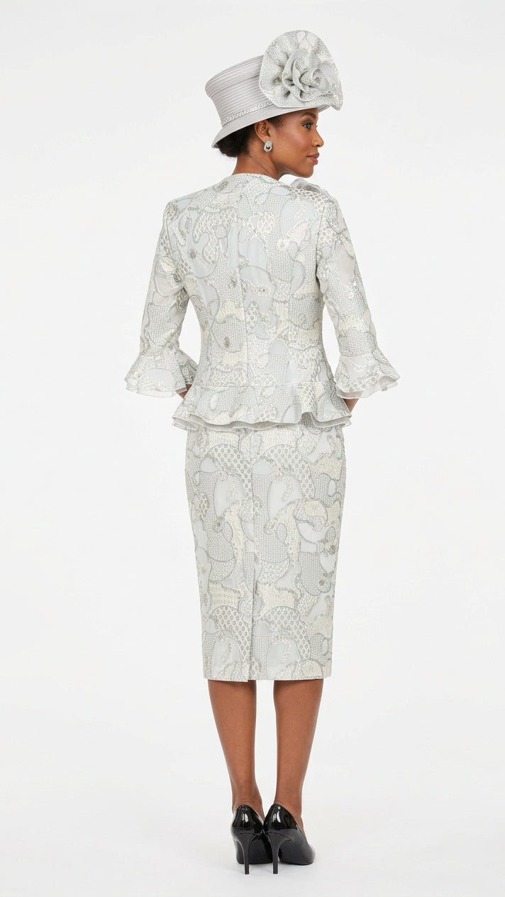 Metallic Brocade 3pc Suit w/ Organza Ruffle Jkt