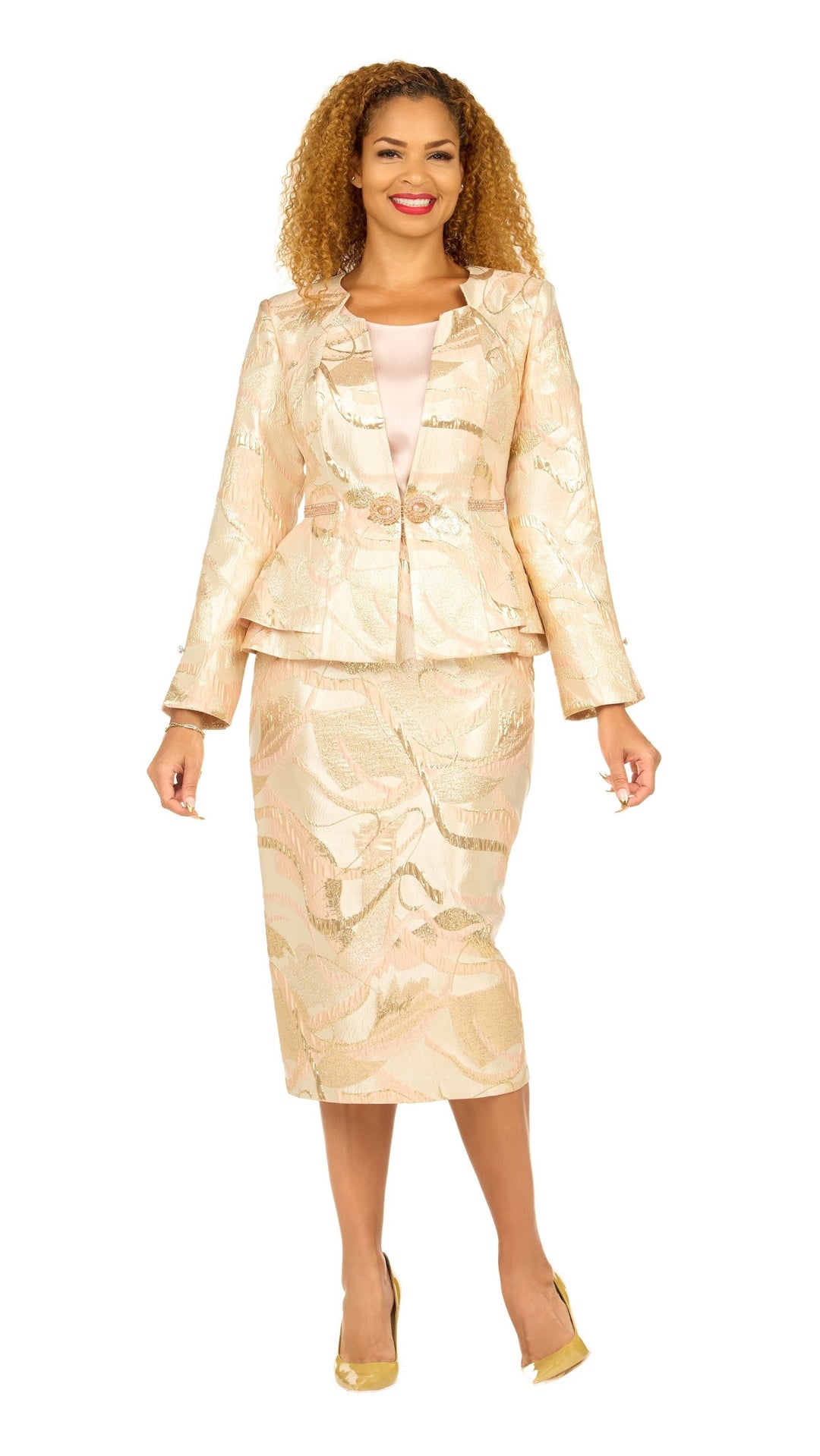 Metallic Brocade 3pc Skirt Suit with Peplum Jkt