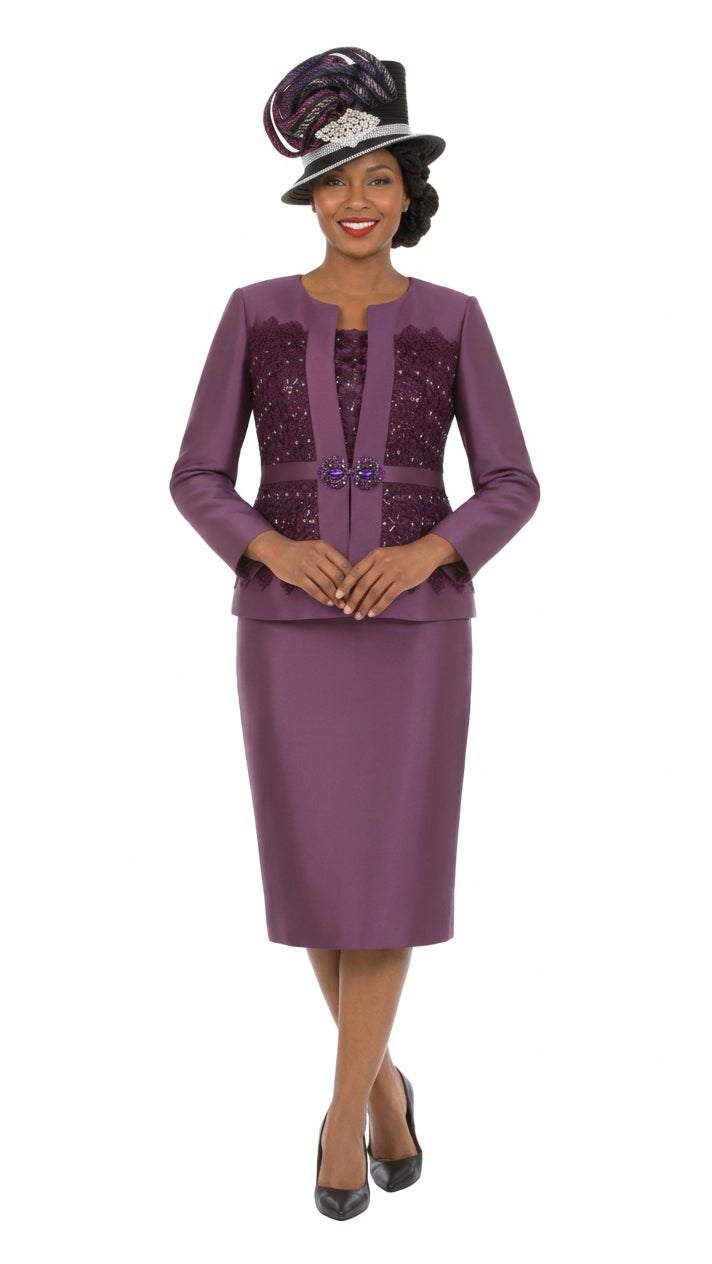 Embellished Lace & Silky Twill 3pc Skirt Suit