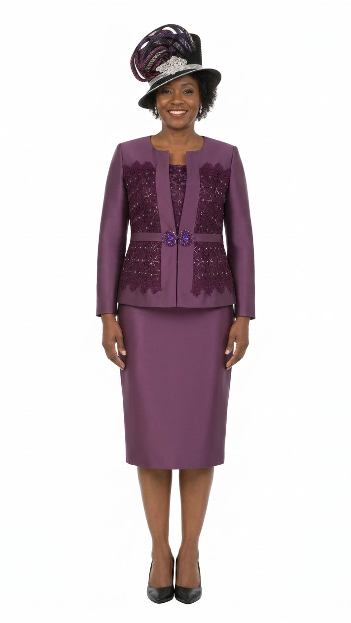 Embellished Lace & Silky Twill 3pc Skirt Suit