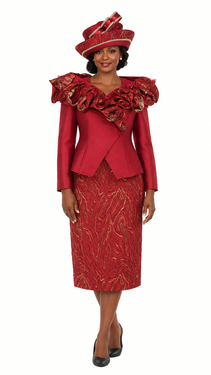 Brocade Rosette Collar 2pc Skirt Suit-Plus
