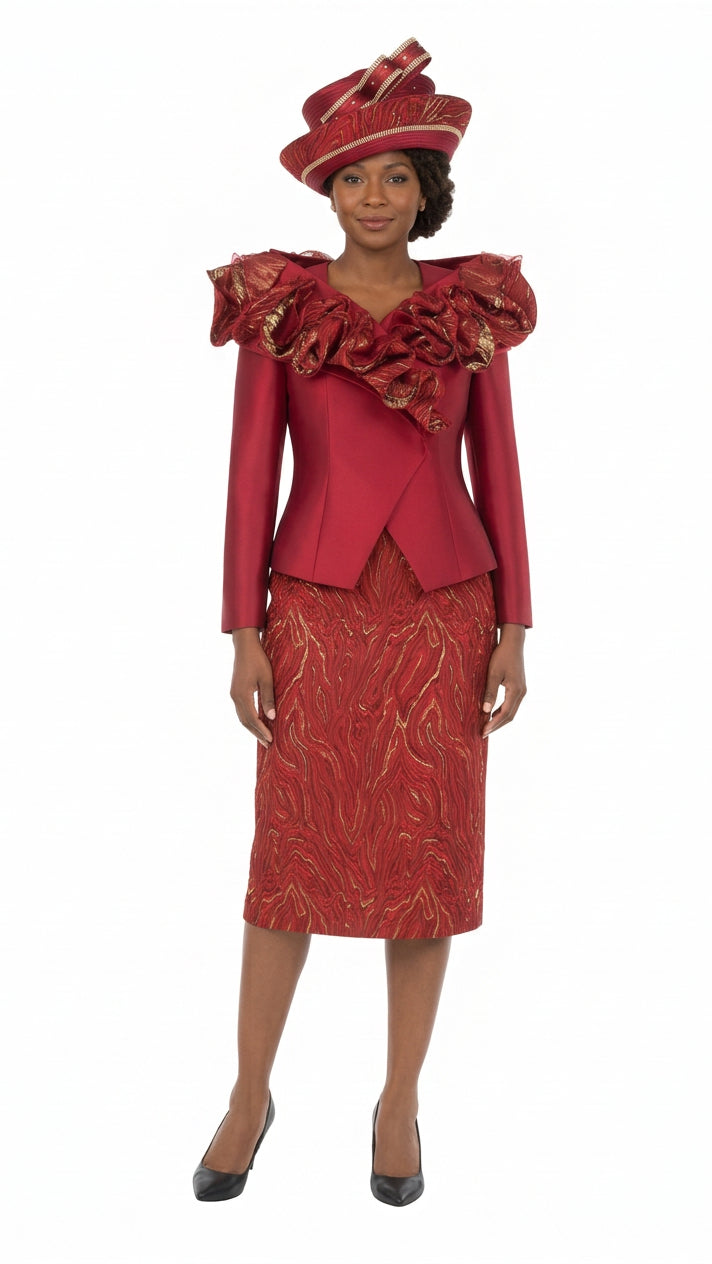 Brocade Rosette Collar 2pc Skirt Suit