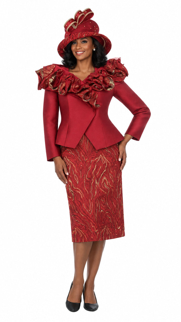 Brocade Rosette Collar 2pc Skirt Suit