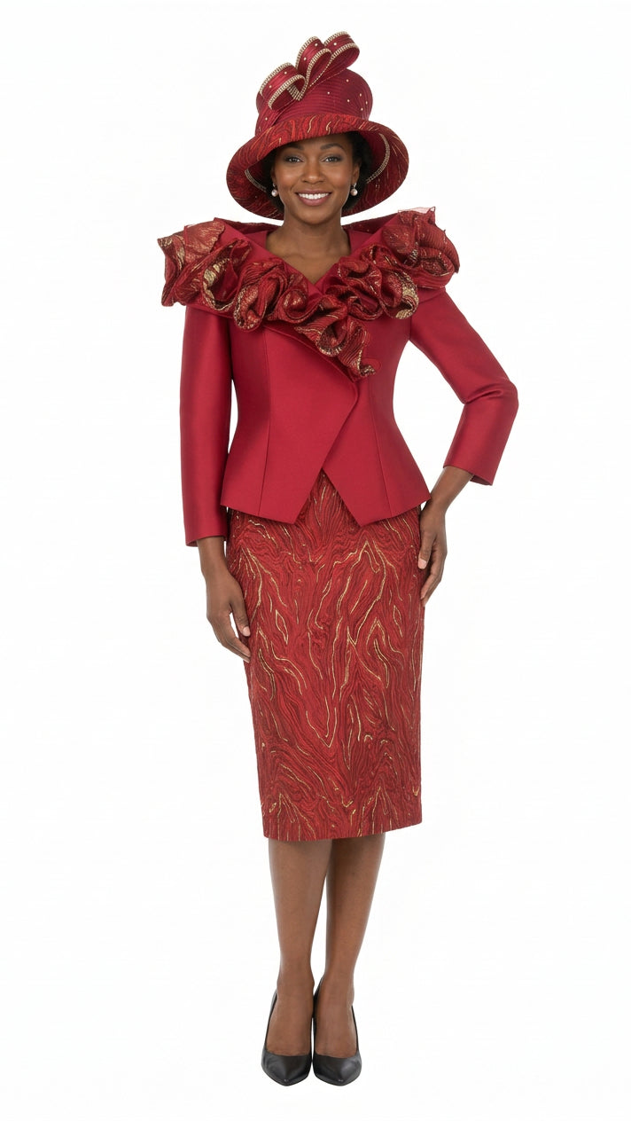 Brocade Rosette Collar 2pc Skirt Suit