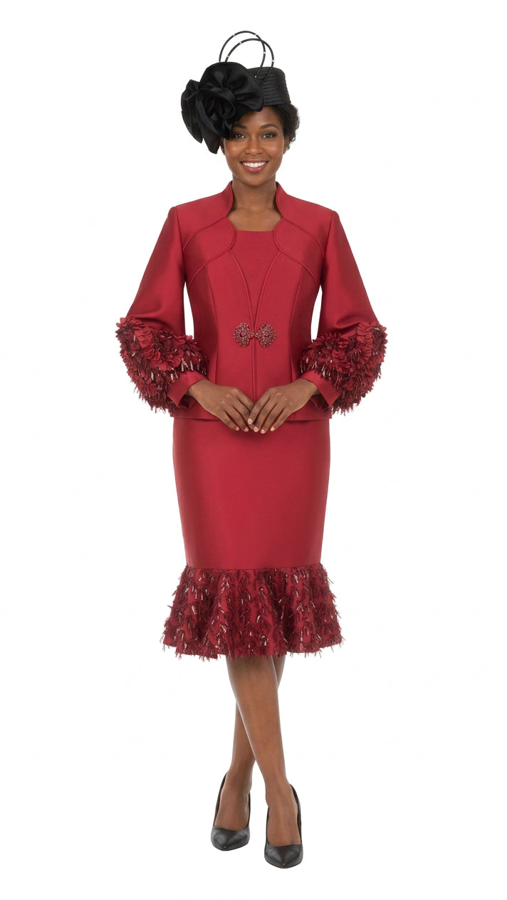 Silky Twill Sequin-Fringe 3pc Skirt Suit-Plus