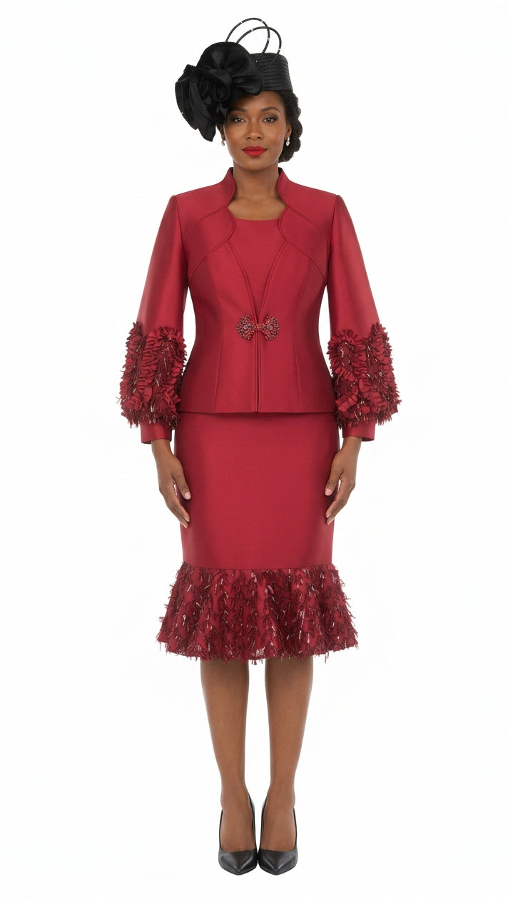 Silky Twill Sequin-Fringe 3pc Skirt Suit-Plus