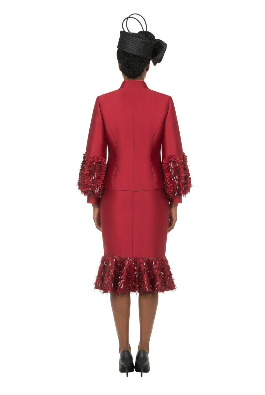 Silky Twill Sequin-Fringe 3pc Skirt Suit-Plus
