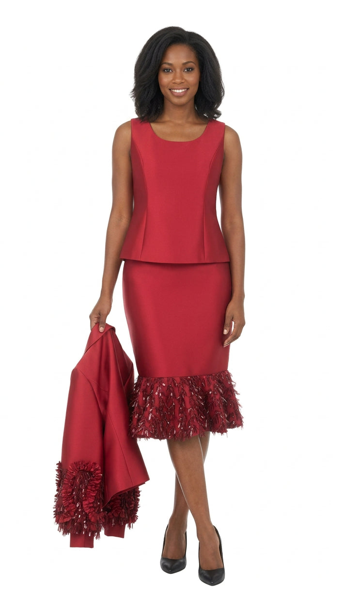 Silky Twill Sequin-Fringe 3pc Skirt Suit-Plus