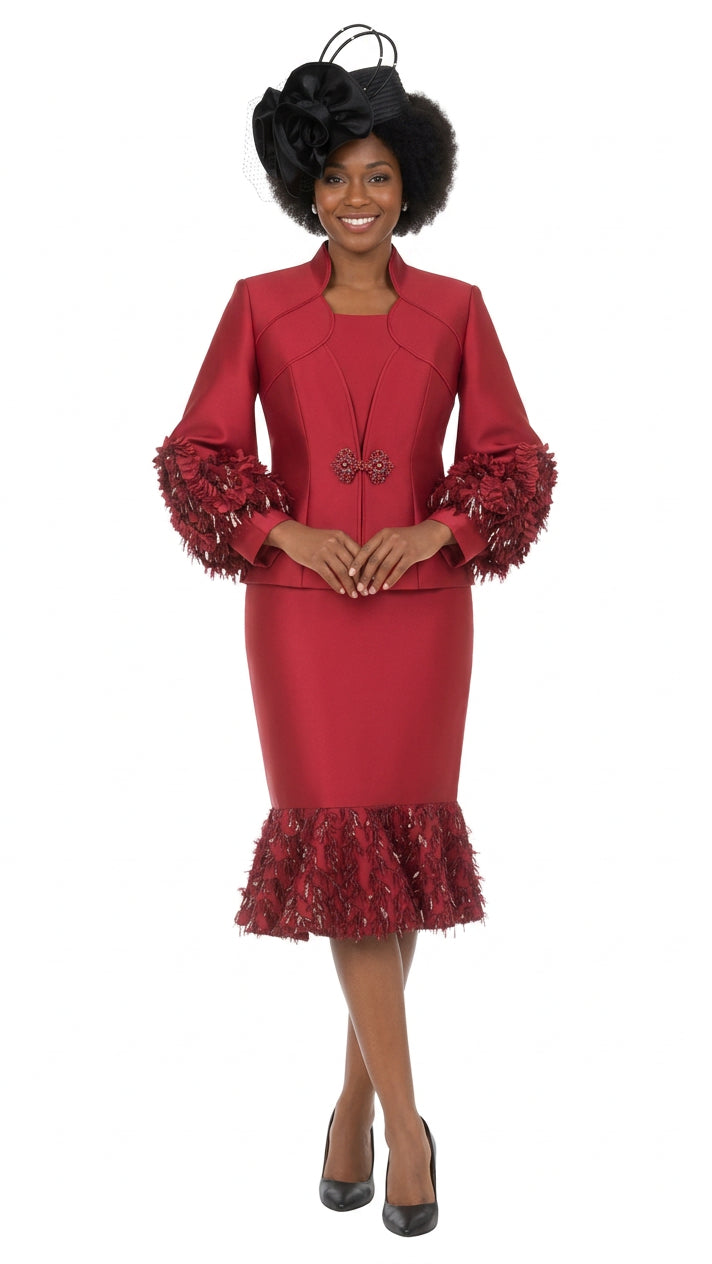 A woman modeling a red knee-length dress with textured, feather-like sleeves and a matching ruffled hem, styled with a black fascinator hat and black heels against a plain white background.