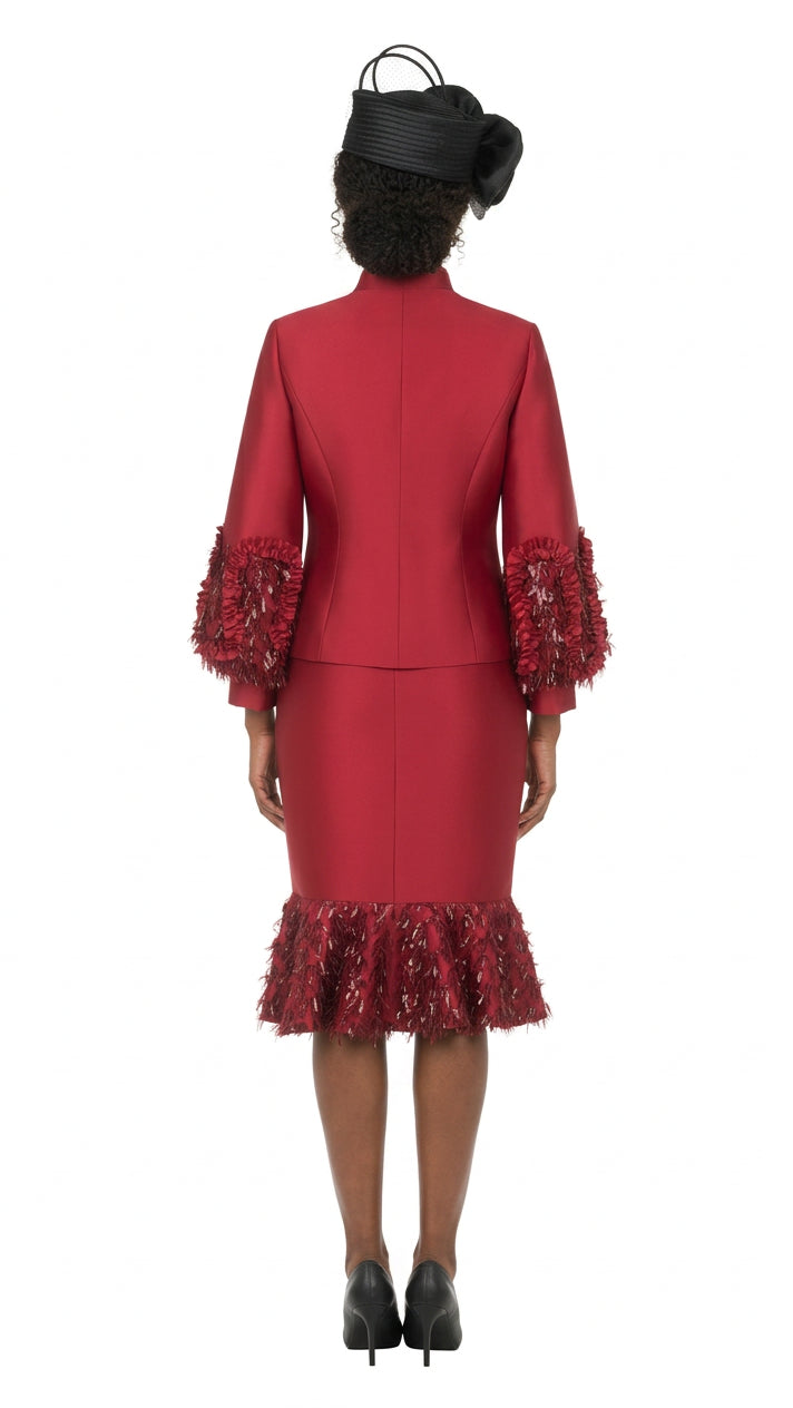Cranberry Silky Twill Sequin-Fringe 3pc Skirt Suit