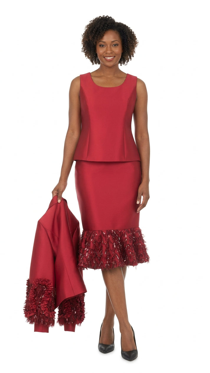 Cranberry Silky Twill Sequin-Fringe 3pc Skirt Suit