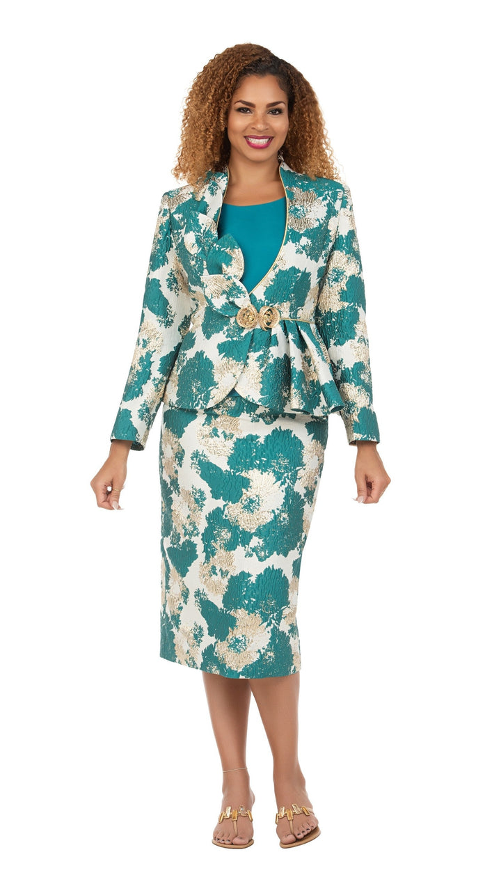 Emerald Opulence Brocade 3pc Skirt Suit